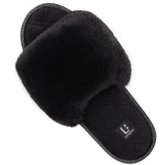 LongBay Women's Fuzzy Faux Fur Memory Foam Cozy Flat Spa Slide Slippers