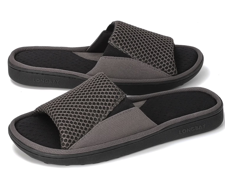 LongBay Men's Memory Foam Slide Slippers Breathable House Shoes Slip-On Open Toe Slippers