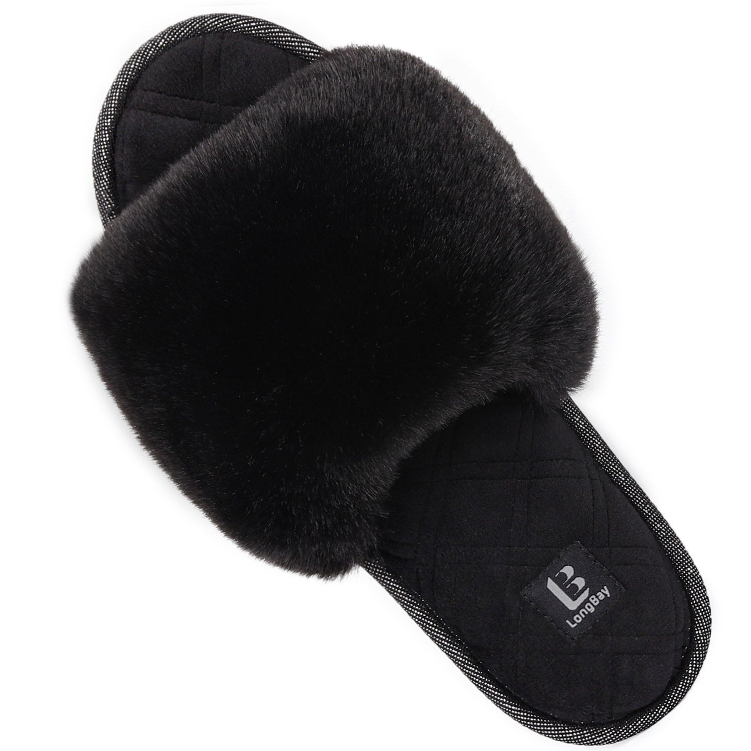 Alps Women's Faux Fur Open Toe Slippers - Black - The Marquet, UK Slipper Wholesaler & Distributor