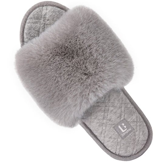 Alps Women's Faux Fur Open Toe Slippers - Grey - The Marquet, UK Slipper Wholesaler & Distributor