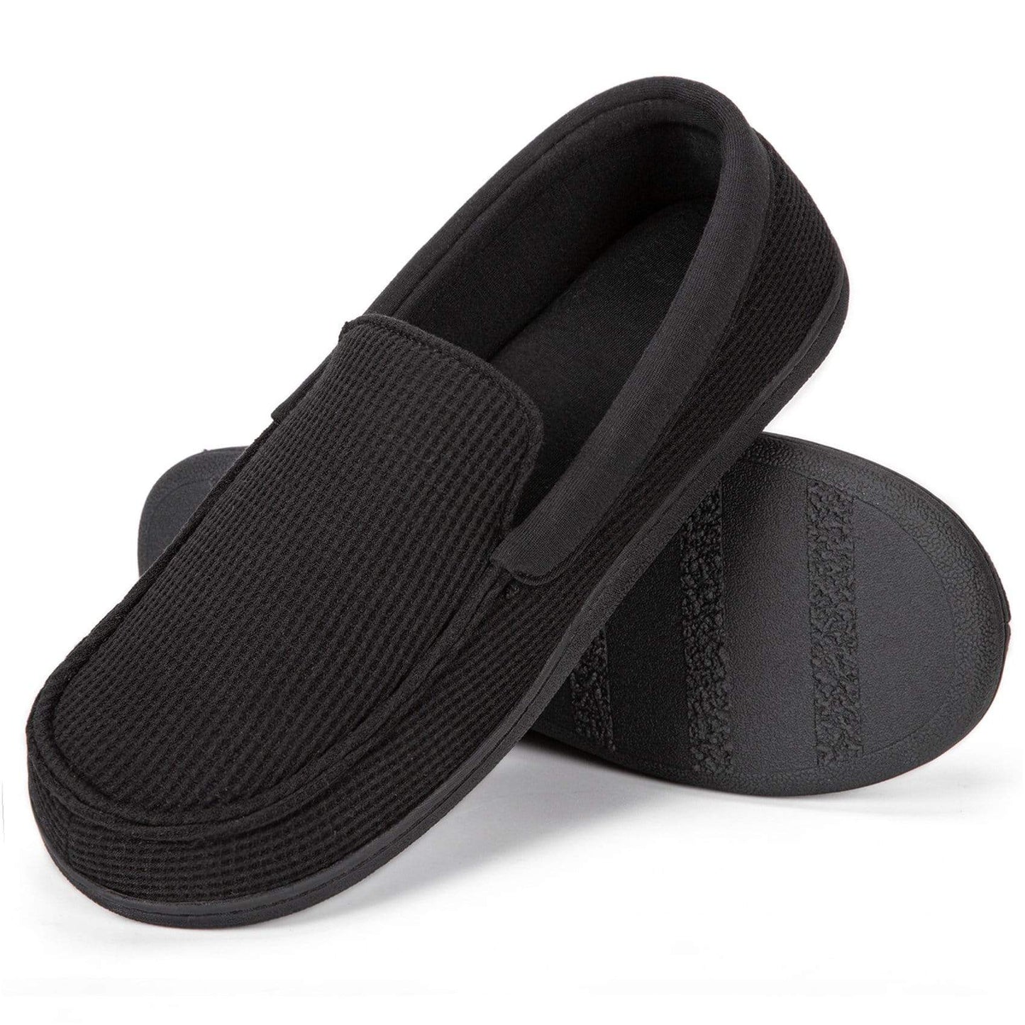 Men's Moccasin Cotton Knit House Shoes- Black