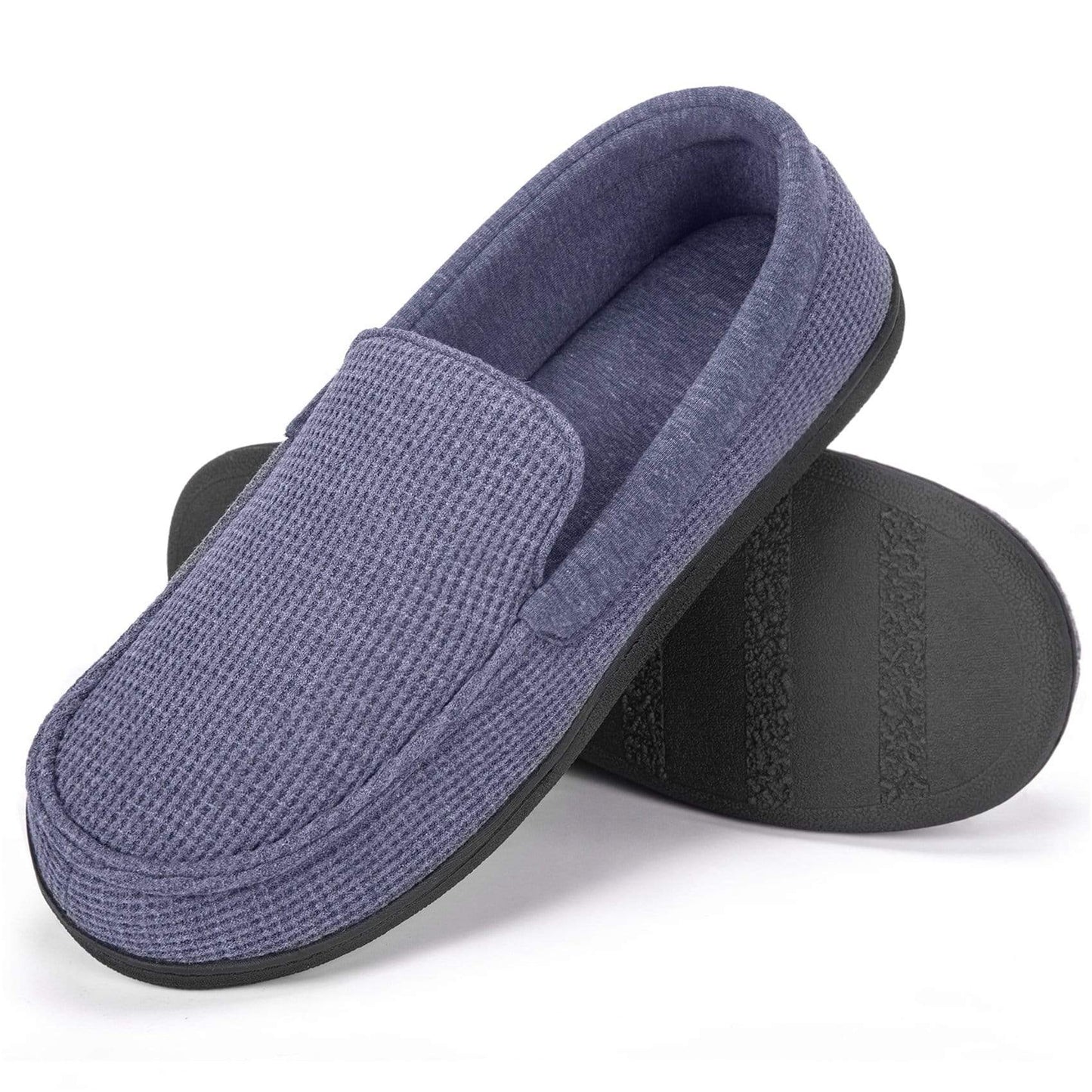 Men's Moccasin Cotton Knit House Shoes- Blue