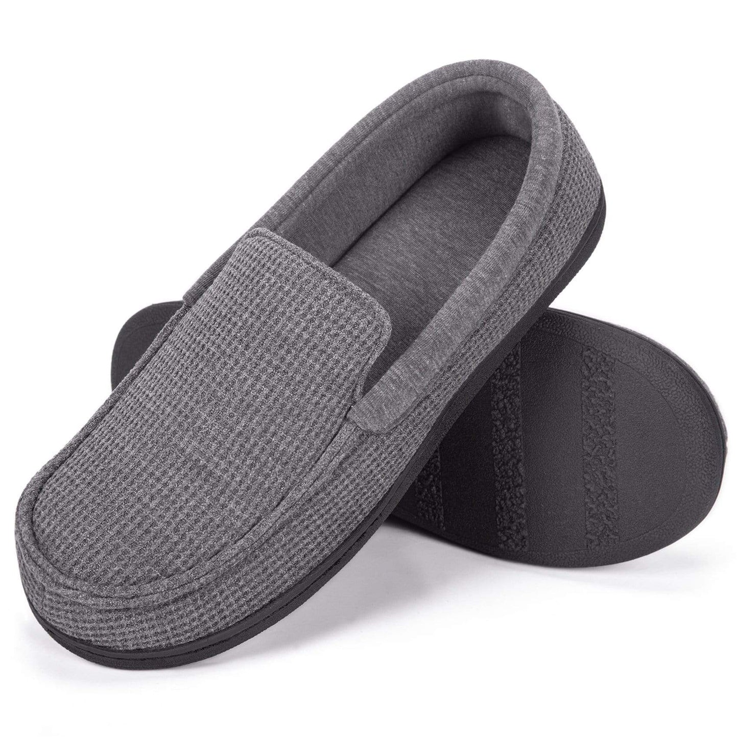 Men's Moccasin Cotton Knit House Shoes- Grey