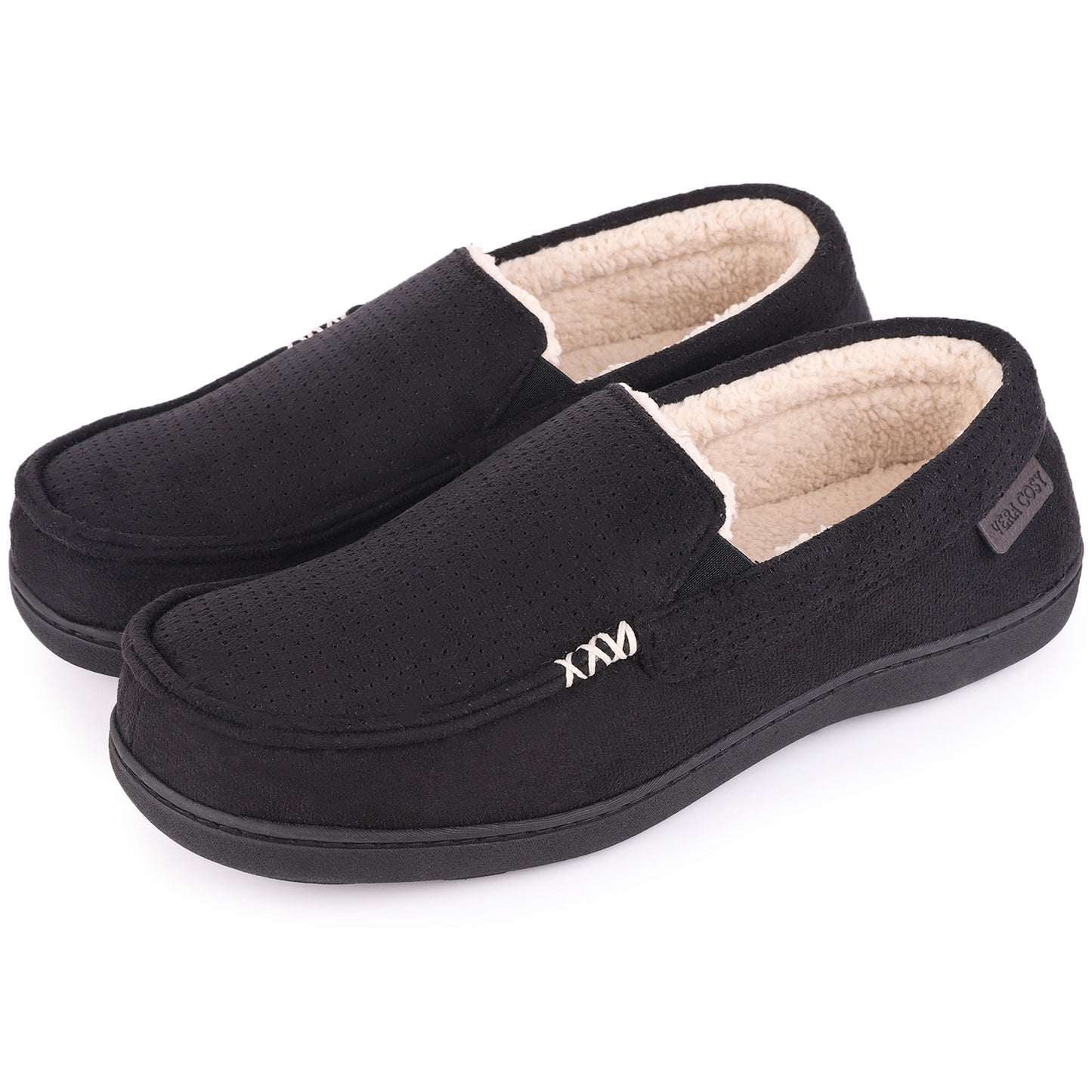 Men's Suede Memory Foam Moccasin Slippers- Black